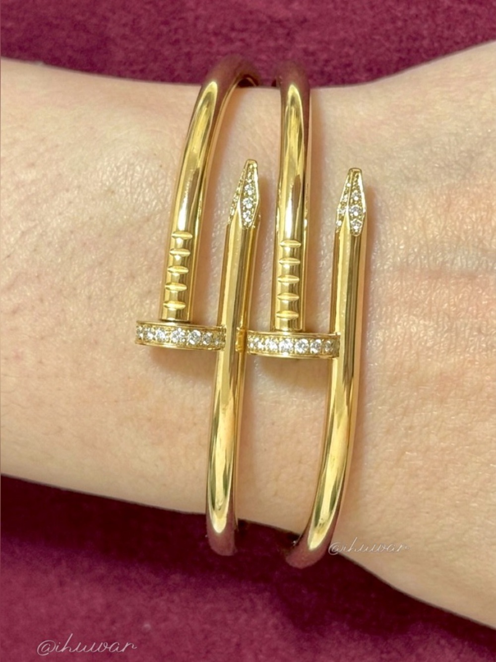 Nail Bangle Bracelet 18k Gold Plated Unisex CZ Pave Set of 2